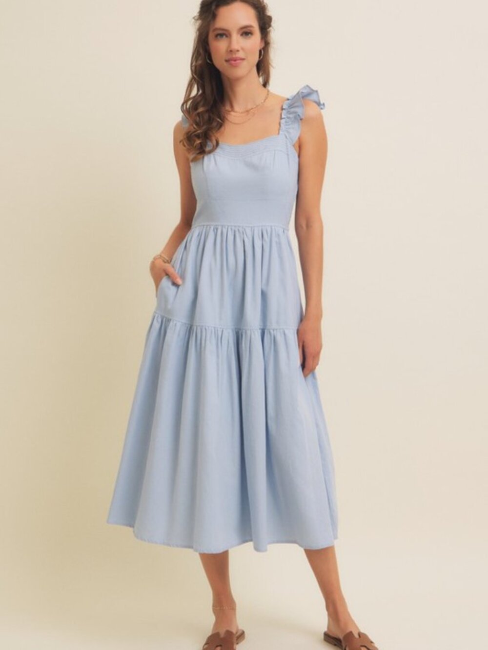 Cloud Gazing Airy Smocked Back Tiered Midi Dress